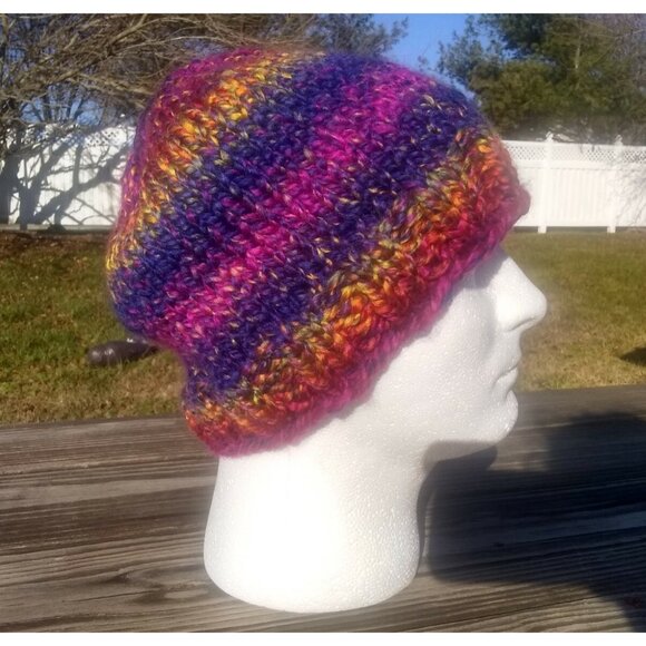 Women's Handmade Beanie Hat Cap Knit Slouch Twilight Plains Blue Fuchsia Chunky - Picture 4 of 9